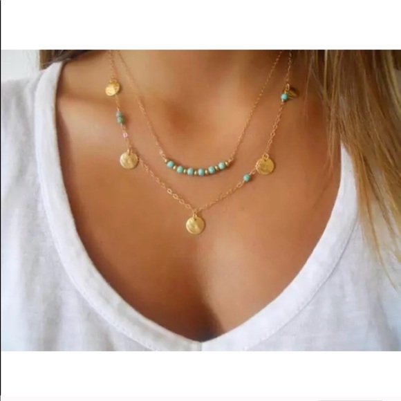 Gold & Turquoise BOHO multi-tiered Necklace NWT - Picture 2 of 2